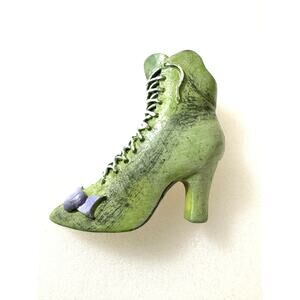 Vintage Brooch Antique Ladies Shoe Green Tie Up w/Bow
